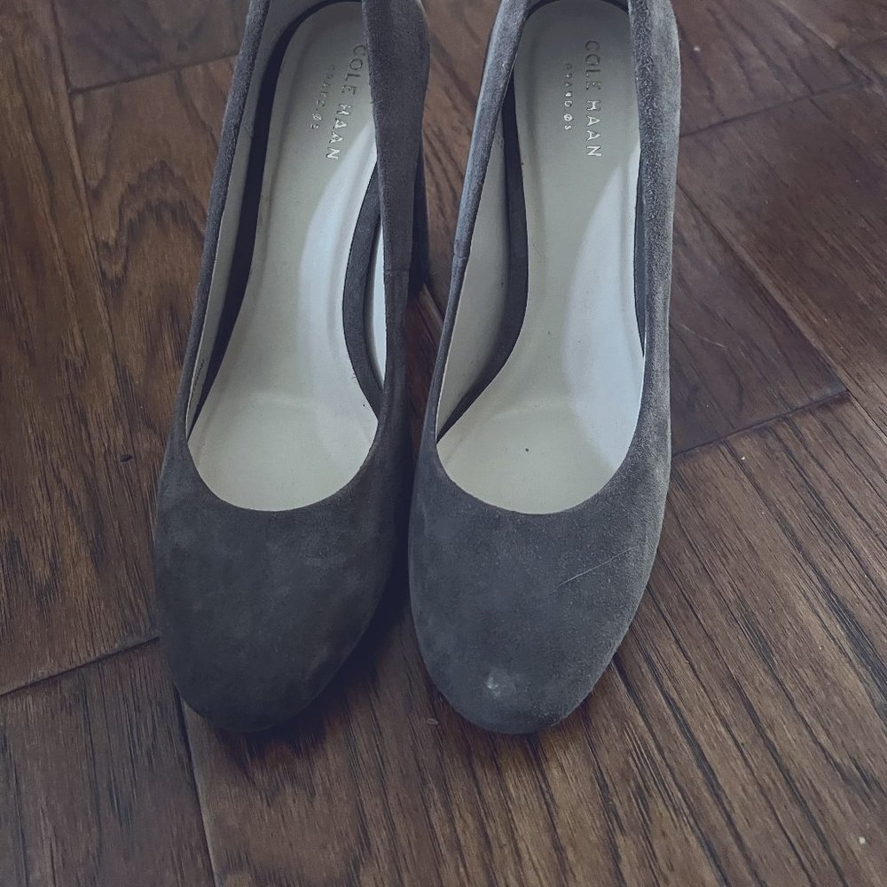 Cole Haan Taupe Suede Chunky Heel Pumps